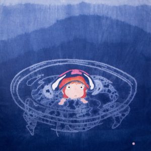 Shibori "Ponyo" sur lin, teinture indigo et plantes