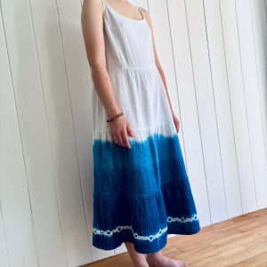 Shibori cotton double-gauze dress, natural indigo gradient dye